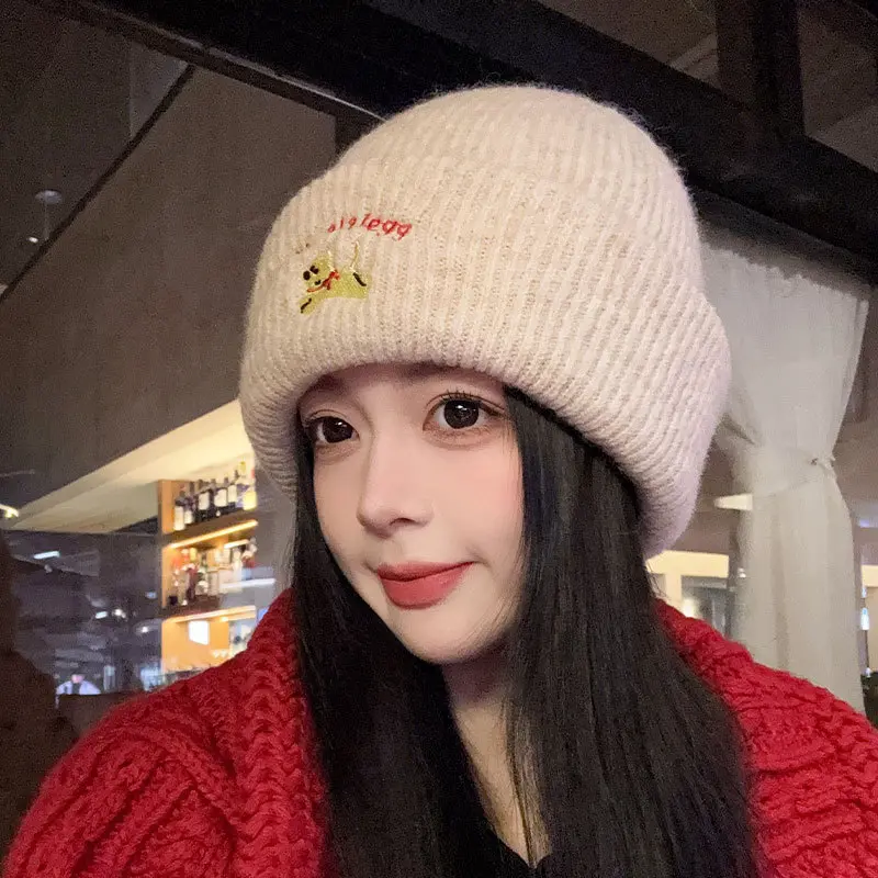 Cute Dog Embroidery Knitted Hats for Women Winter Thicken Warm Woolen Ear Protection Hats Solid Color Outdoor Windproof Beanies