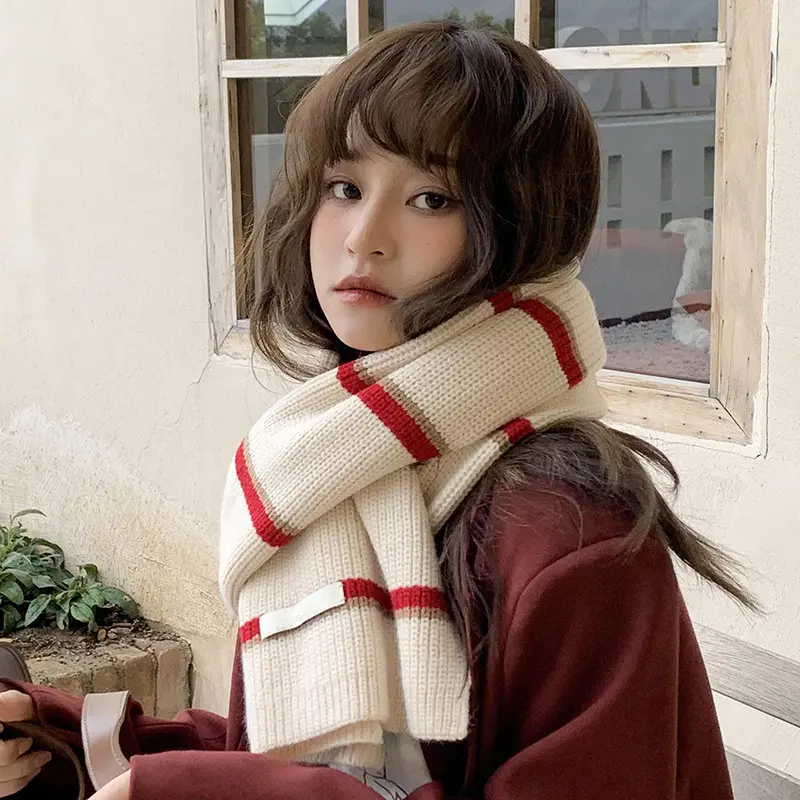Korean Patchwork Scarf Winter Thicken Stripped Warm Knit Neckerchief Couple Travel Photography Props Anti-Cold Windproof Scarf