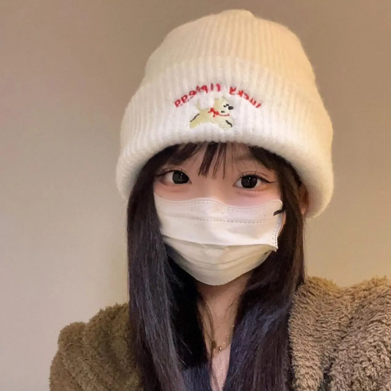 Cute Dog Embroidery Knitted Hats for Women Winter Thicken Warm Woolen Ear Protection Hats Solid Color Outdoor Windproof Beanies