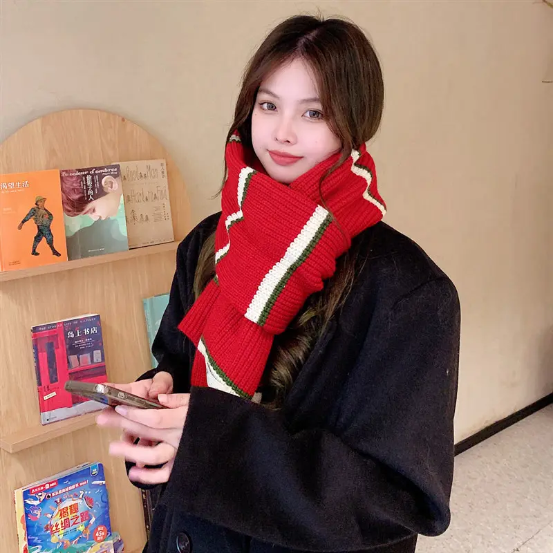 Korean Patchwork Scarf Winter Thicken Stripped Warm Knit Neckerchief Couple Travel Photography Props Anti-Cold Windproof Scarf
