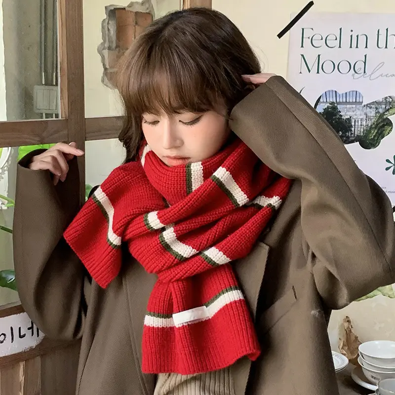 Korean Patchwork Scarf Winter Thicken Stripped Warm Knit Neckerchief Couple Travel Photography Props Anti-Cold Windproof Scarf