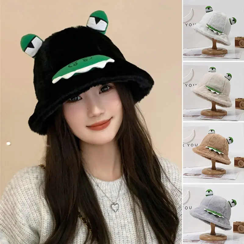 Cute Frog Plush Bucket Hats for Women Autumn Winter Thicken Fluffy Fur Warm Fisherman Caps Cartoon Outdoor Windproof Basin Caps