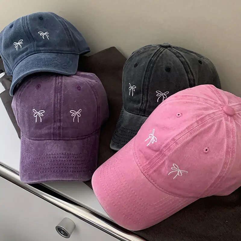 Bow Embroidery Baseball Caps for Women Korean Retro Washed Cotton Duck Tongue Caps Fashion Girl Outdoor Sunscreen Peaked Hats