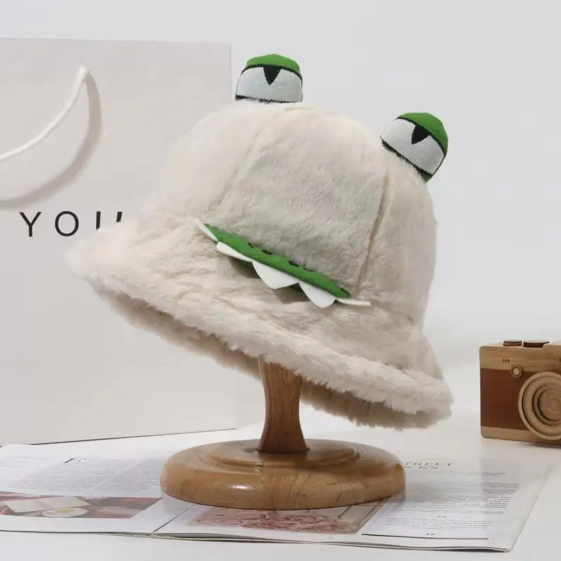 Cute Frog Plush Bucket Hats for Women Autumn Winter Thicken Fluffy Fur Warm Fisherman Caps Cartoon Outdoor Windproof Basin Caps