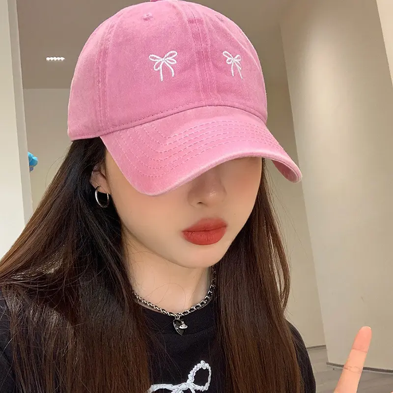 Bow Embroidery Baseball Caps for Women Korean Retro Washed Cotton Duck Tongue Caps Fashion Girl Outdoor Sunscreen Peaked Hats