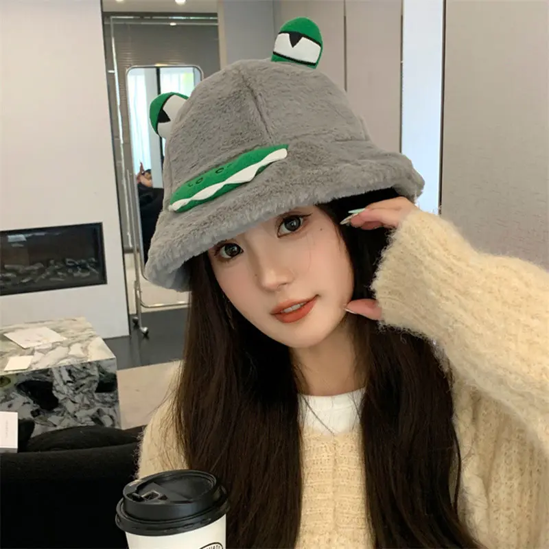 Cute Frog Plush Bucket Hats for Women Autumn Winter Thicken Fluffy Fur Warm Fisherman Caps Cartoon Outdoor Windproof Basin Caps