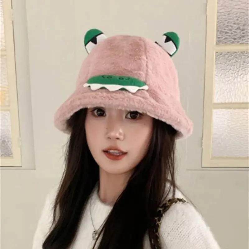 Cute Frog Plush Bucket Hats for Women Autumn Winter Thicken Fluffy Fur Warm Fisherman Caps Cartoon Outdoor Windproof Basin Caps