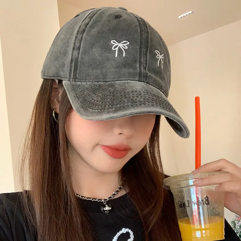 Bow Embroidery Baseball Caps for Women Korean Retro Washed Cotton Duck Tongue Caps Fashion Girl Outdoor Sunscreen Peaked Hats