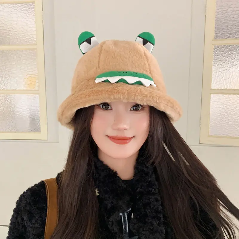 Cute Frog Plush Bucket Hats for Women Autumn Winter Thicken Fluffy Fur Warm Fisherman Caps Cartoon Outdoor Windproof Basin Caps