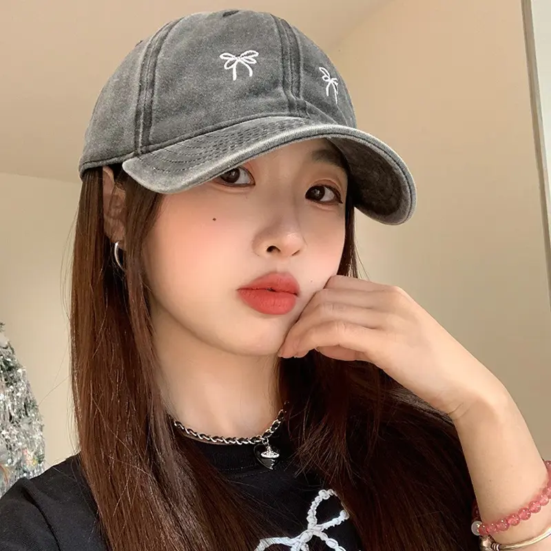 Bow Embroidery Baseball Caps for Women Korean Retro Washed Cotton Duck Tongue Caps Fashion Girl Outdoor Sunscreen Peaked Hats