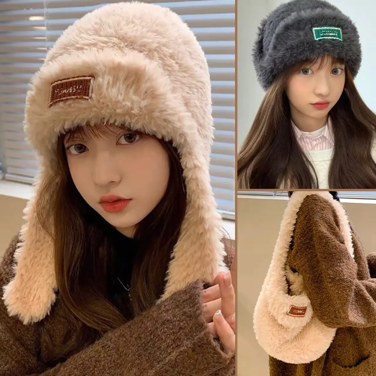 Winter Fluffy Fur Earmuffs Caps for Women Solid Color Soft Plush Anti-Cold Headgear Lady Girl Windproof Warm Ear Protection Hats