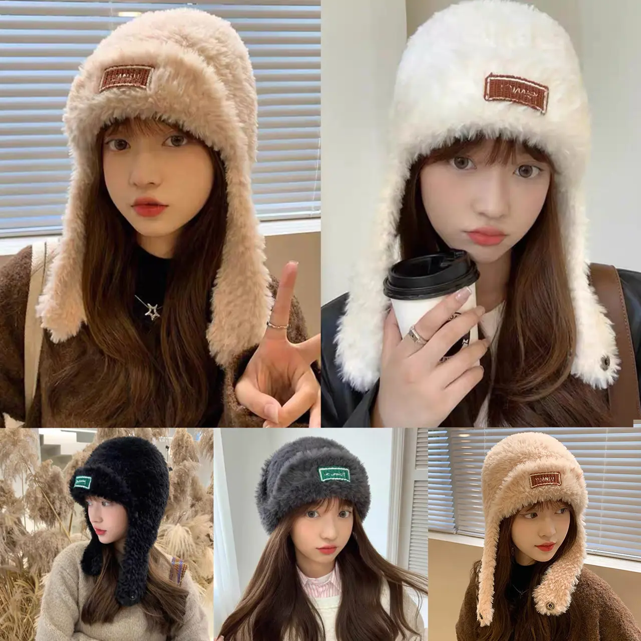 Winter Fluffy Fur Earmuffs Caps for Women Solid Color Soft Plush Anti-Cold Headgear Lady Girl Windproof Warm Ear Protection Hats