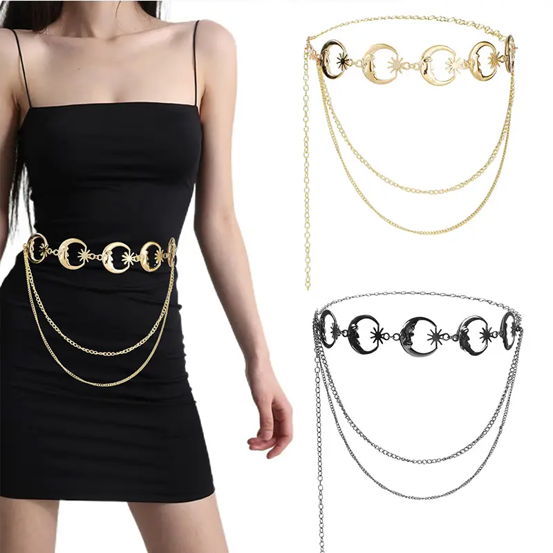 Multilayer Moon Star Waist Chain for Women Golden Silver Skinny Waistband Fashion Lady Girl Dress Shirt Decorative Chain Belts