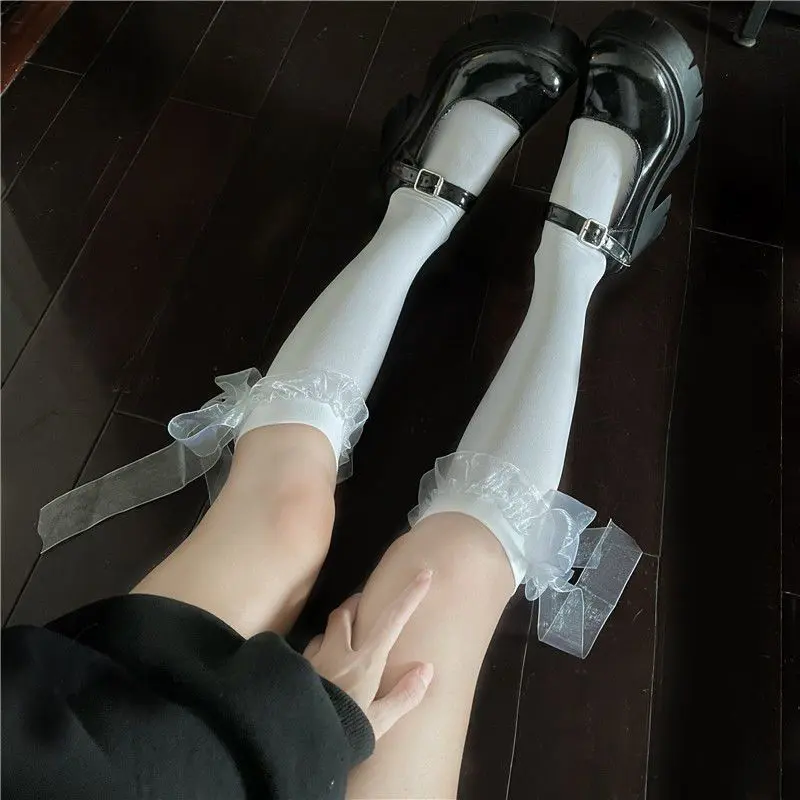 Long Ribbon Bow Stockings For Women Summer Thin Lolita JK Calf Socks Solid Color Black White Elastic Girl Long Socks