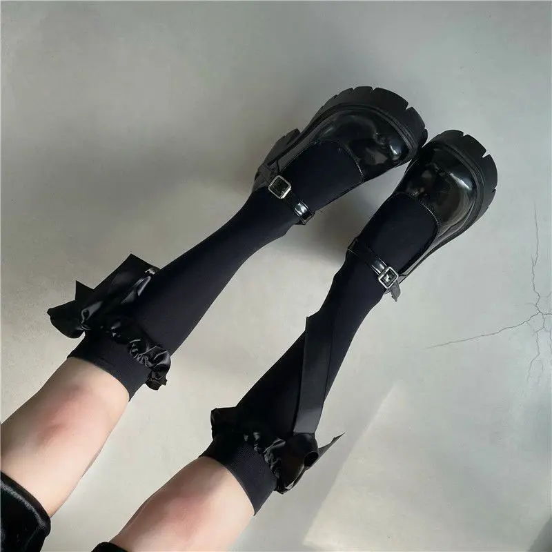 Long Ribbon Bow Stockings For Women Summer Thin Lolita JK Calf Socks Solid Color Black White Elastic Girl Long Socks