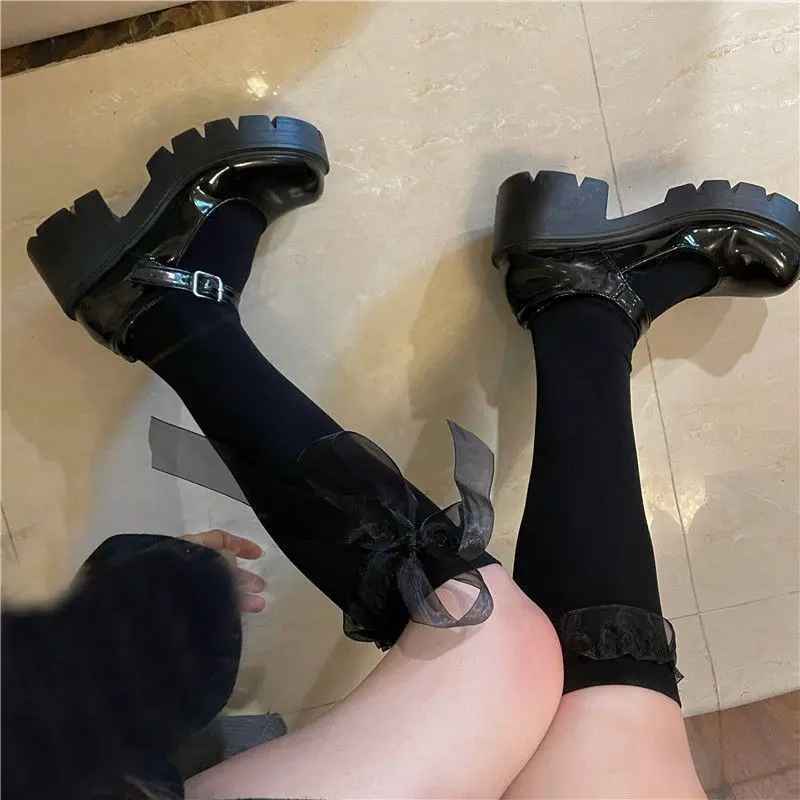 Long Ribbon Bow Stockings For Women Summer Thin Lolita JK Calf Socks Solid Color Black White Elastic Girl Long Socks