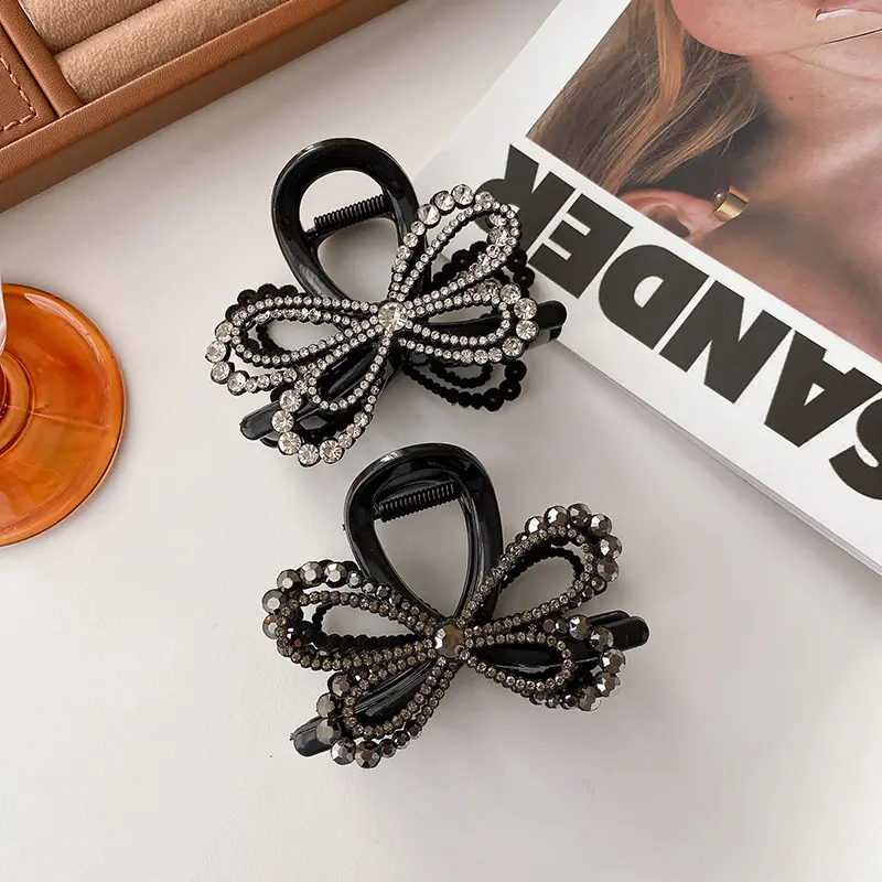 Korean Full Diamond Hair Claws for Women Fashion Black Double Layer Bow Headwear Female Shark Clips Hair Accessory