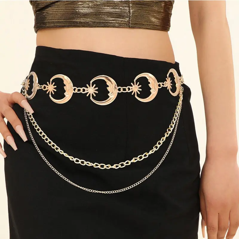 Multilayer Moon Star Waist Chain for Women Golden Silver Skinny Waistband Fashion Lady Girl Dress Shirt Decorative Chain Belts