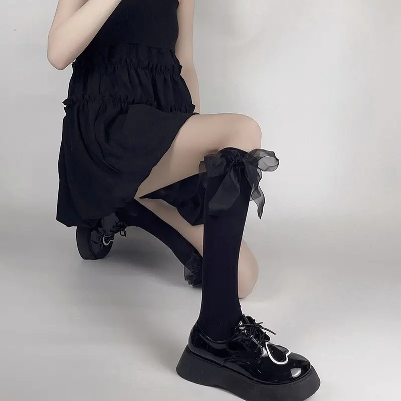 Long Ribbon Bow Stockings For Women Summer Thin Lolita JK Calf Socks Solid Color Black White Elastic Girl Long Socks