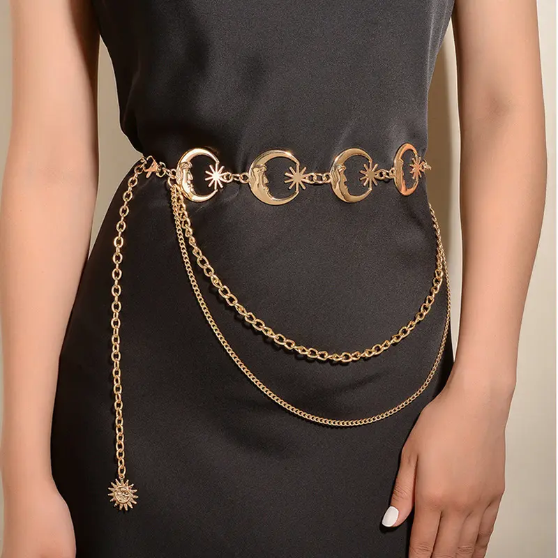 Multilayer Moon Star Waist Chain for Women Golden Silver Skinny Waistband Fashion Lady Girl Dress Shirt Decorative Chain Belts
