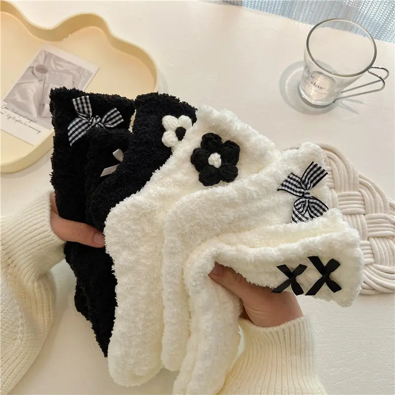 Coral Fleece Women Winter Socks Sweet Flower Bow Thicken Warm Middle Tube Socks Korean Girl Home Sleeping Socks