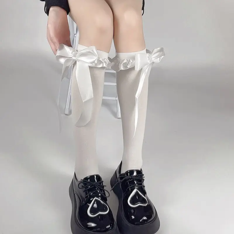 Long Ribbon Bow Stockings For Women Summer Thin Lolita JK Calf Socks Solid Color Black White Elastic Girl Long Socks