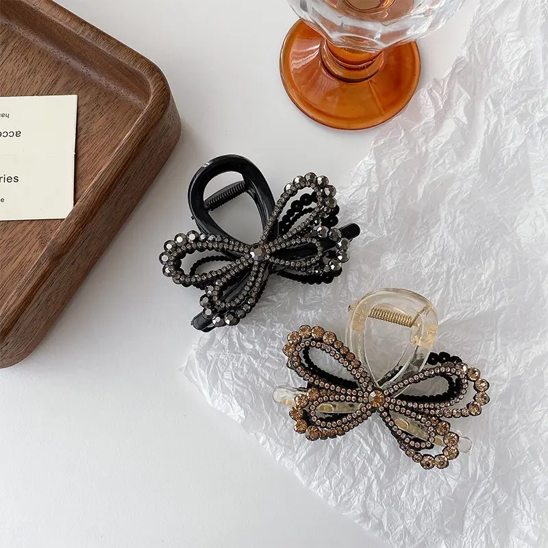 Korean Full Diamond Hair Claws for Women Fashion Black Double Layer Bow Headwear Female Shark Clips Hair Accessory