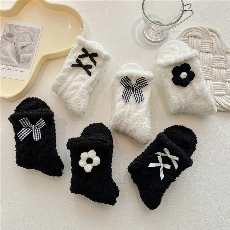 Coral Fleece Women Winter Socks Sweet Flower Bow Thicken Warm Middle Tube Socks Korean Girl Home Sleeping Socks
