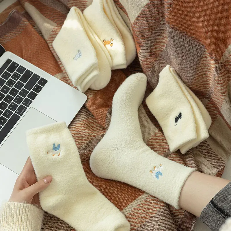 Cute Animal Embroidery Women Socks Winter Thick Velvet Warm Middle Tube Socks Solid Color Harajuku Home Sleeping Socks