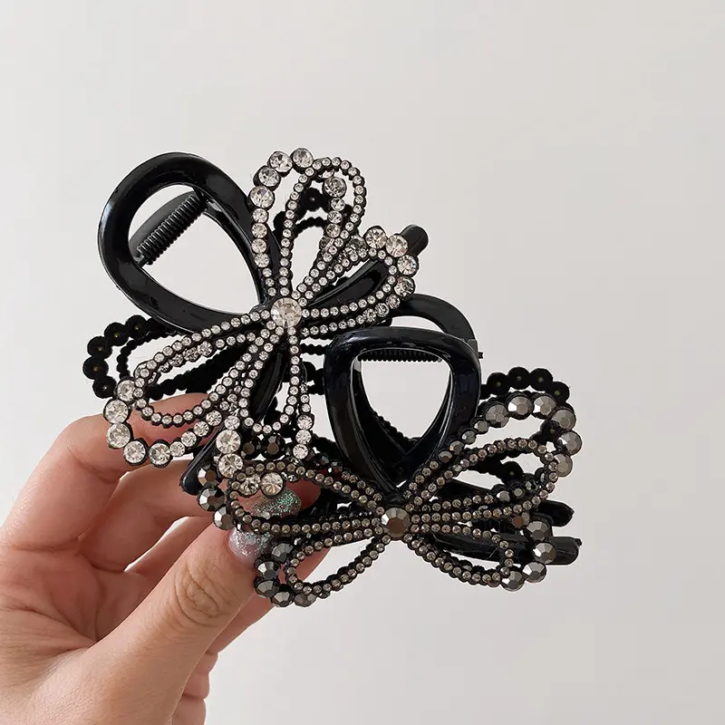 Korean Full Diamond Hair Claws for Women Fashion Black Double Layer Bow Headwear Female Shark Clips Hair Accessory