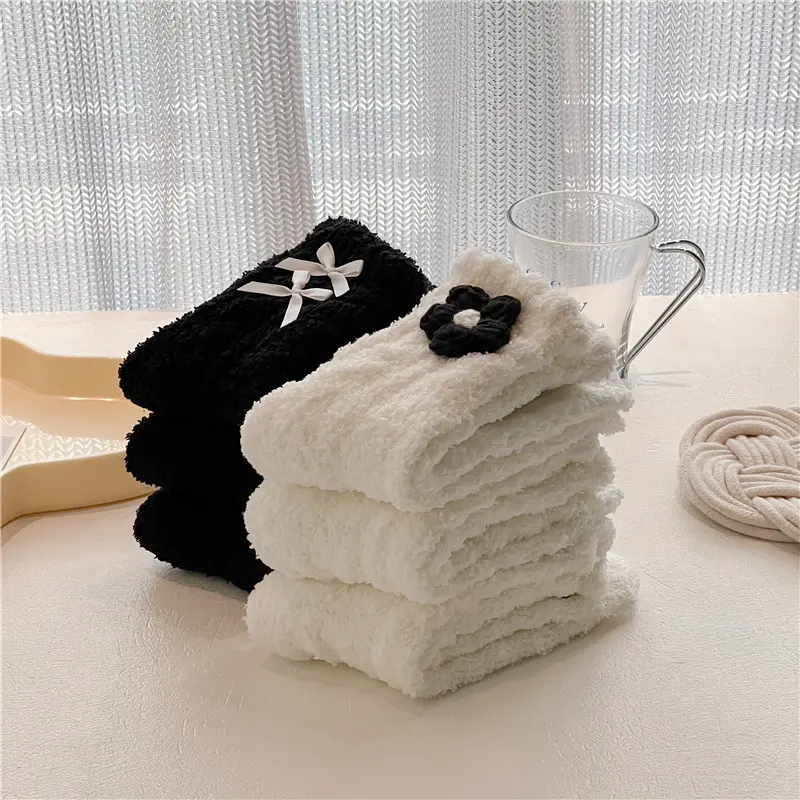 Coral Fleece Women Winter Socks Sweet Flower Bow Thicken Warm Middle Tube Socks Korean Girl Home Sleeping Socks