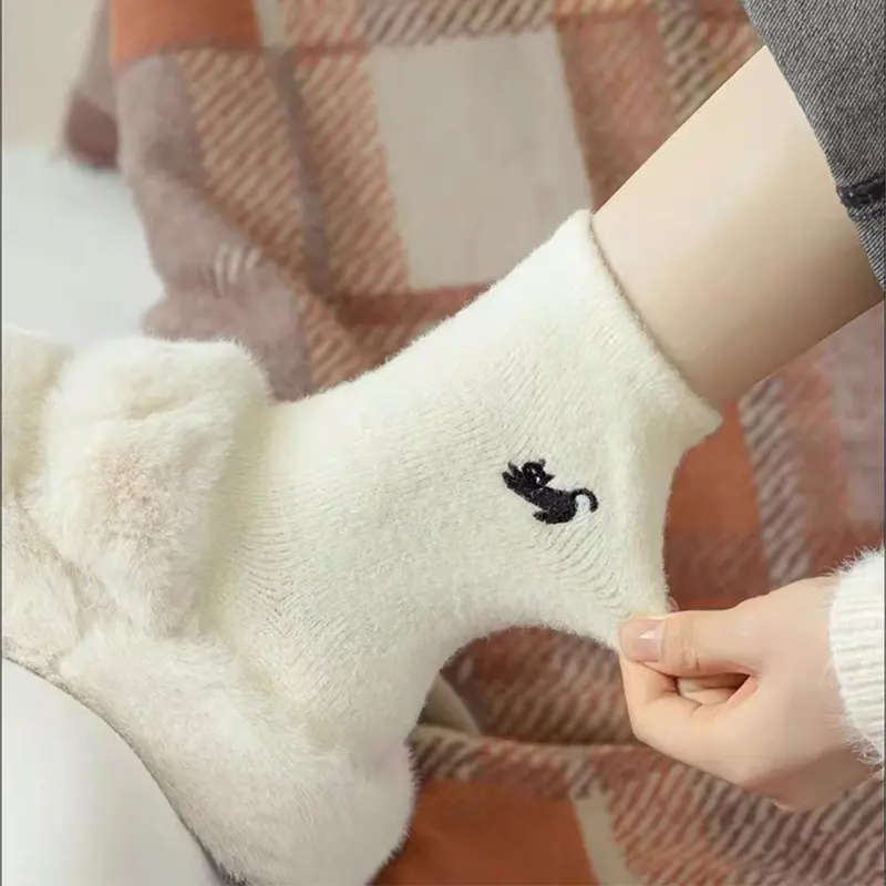Cute Animal Embroidery Women Socks Winter Thick Velvet Warm Middle Tube Socks Solid Color Harajuku Home Sleeping Socks