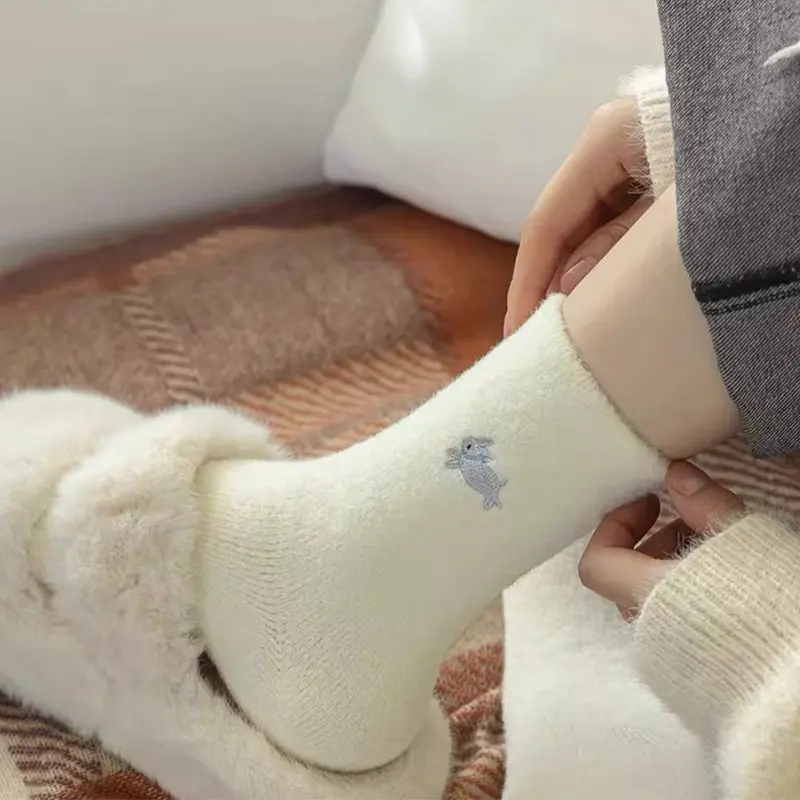 Cute Animal Embroidery Women Socks Winter Thick Velvet Warm Middle Tube Socks Solid Color Harajuku Home Sleeping Socks