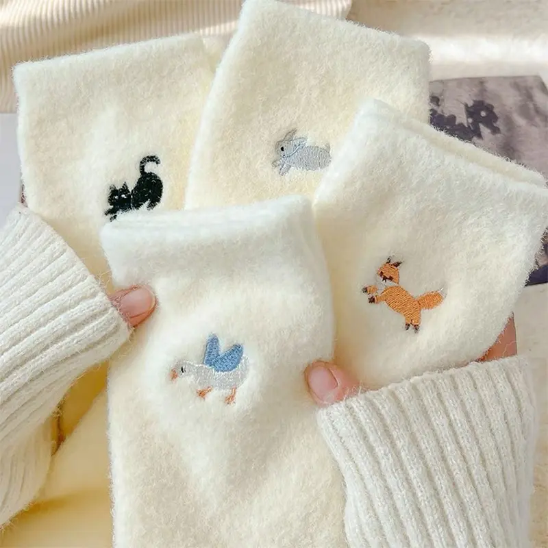 Cute Animal Embroidery Women Socks Winter Thick Velvet Warm Middle Tube Socks Solid Color Harajuku Home Sleeping Socks