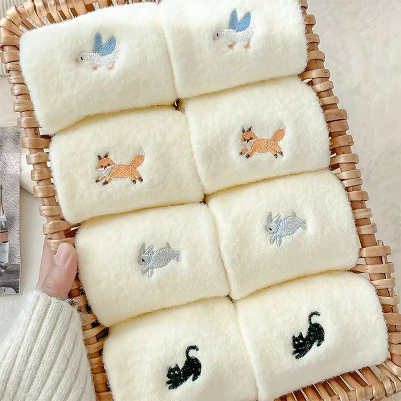 Cute Animal Embroidery Women Socks Winter Thick Velvet Warm Middle Tube Socks Solid Color Harajuku Home Sleeping Socks