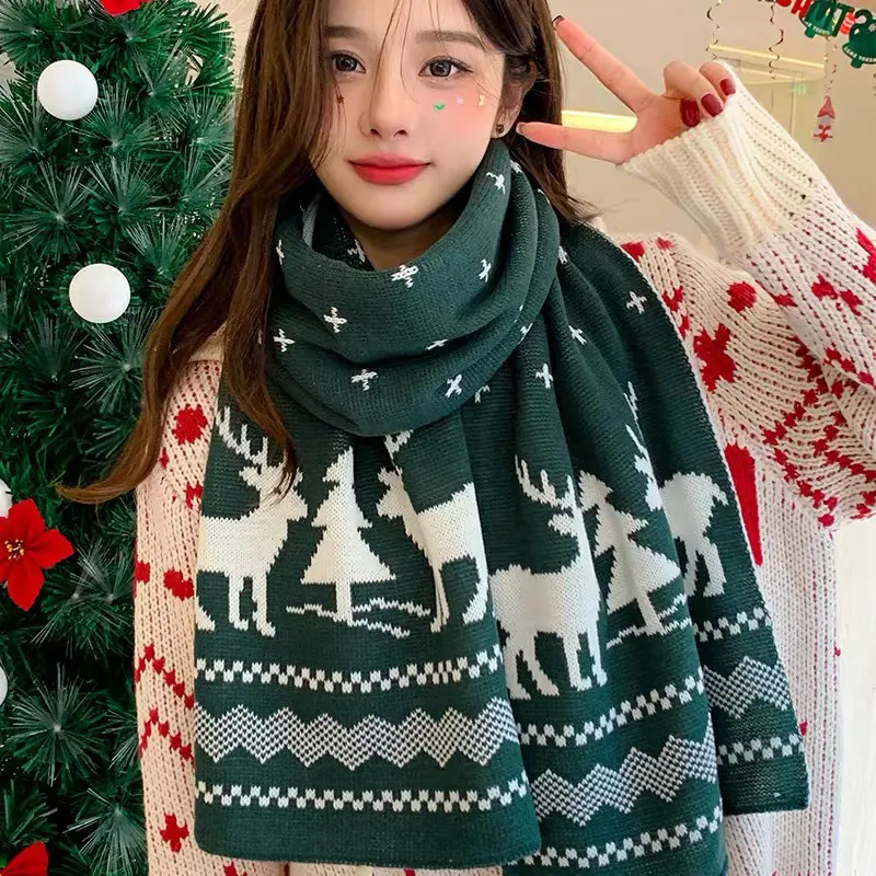 Winter Christmas Scarf Women Thick Warm Knitted Neckerchief Cute Elk Deer Print Long Scarves Neck Cover Female Christmas Gifts