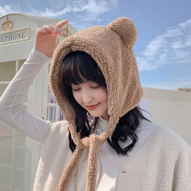 Winter Polar Fleece Hat Women Cute Cartoon Bear Ear Protection Cap Female Solid Color Thicken Plush Earflap Bonnet Hats