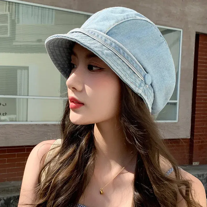 Retro Denim Pile Hats for Women Simple Solid Color Baggy Cowboy Caps Outdoor Travel Large Brim Girl Sunshade Bucket Hats