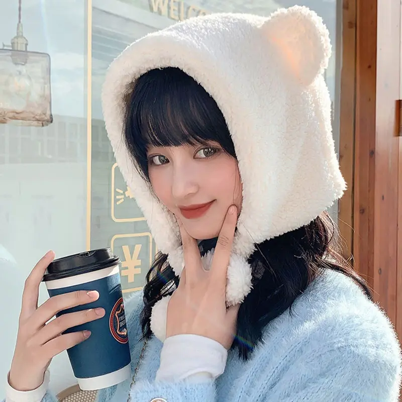 Winter Polar Fleece Hat Women Cute Cartoon Bear Ear Protection Cap Female Solid Color Thicken Plush Earflap Bonnet Hats