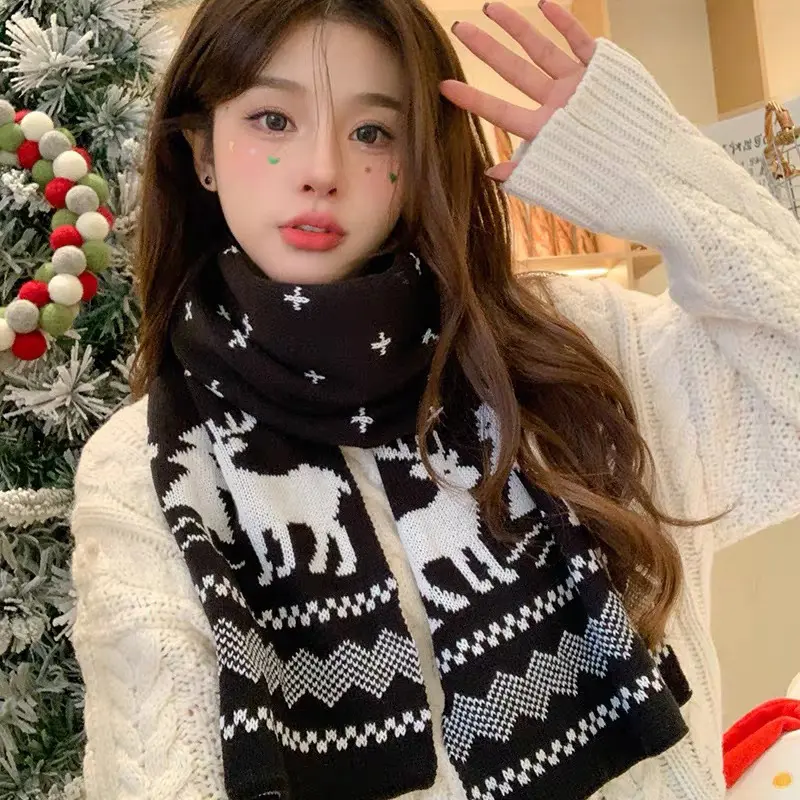 Winter Christmas Scarf Women Thick Warm Knitted Neckerchief Cute Elk Deer Print Long Scarves Neck Cover Female Christmas Gifts