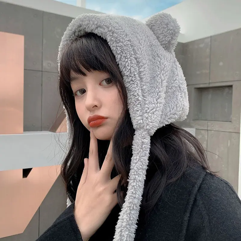 Winter Polar Fleece Hat Women Cute Cartoon Bear Ear Protection Cap Female Solid Color Thicken Plush Earflap Bonnet Hats