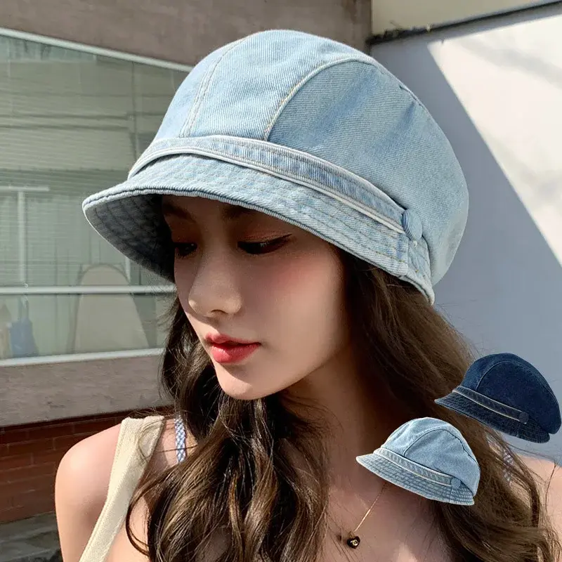 Retro Denim Pile Hats for Women Simple Solid Color Baggy Cowboy Caps Outdoor Travel Large Brim Girl Sunshade Bucket Hats