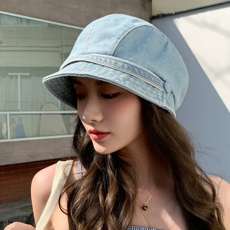 Retro Denim Pile Hats for Women Simple Solid Color Baggy Cowboy Caps Outdoor Travel Large Brim Girl Sunshade Bucket Hats