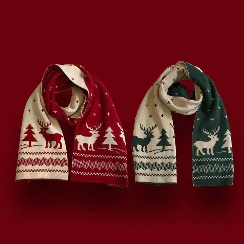 Winter Christmas Scarf Women Thick Warm Knitted Neckerchief Cute Elk Deer Print Long Scarves Neck Cover Female Christmas Gifts
