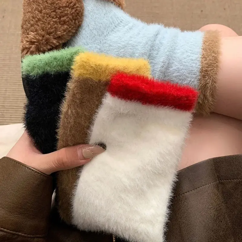 Winter Thick Plush Socks for Women Fashion Patchwork Color Mink Fur Anti-Cold Home Sleeping Floor Socks Girl Thermal Footwear
