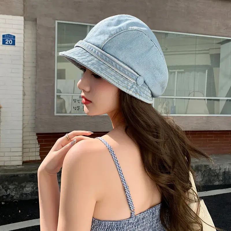 Retro Denim Pile Hats for Women Simple Solid Color Baggy Cowboy Caps Outdoor Travel Large Brim Girl Sunshade Bucket Hats