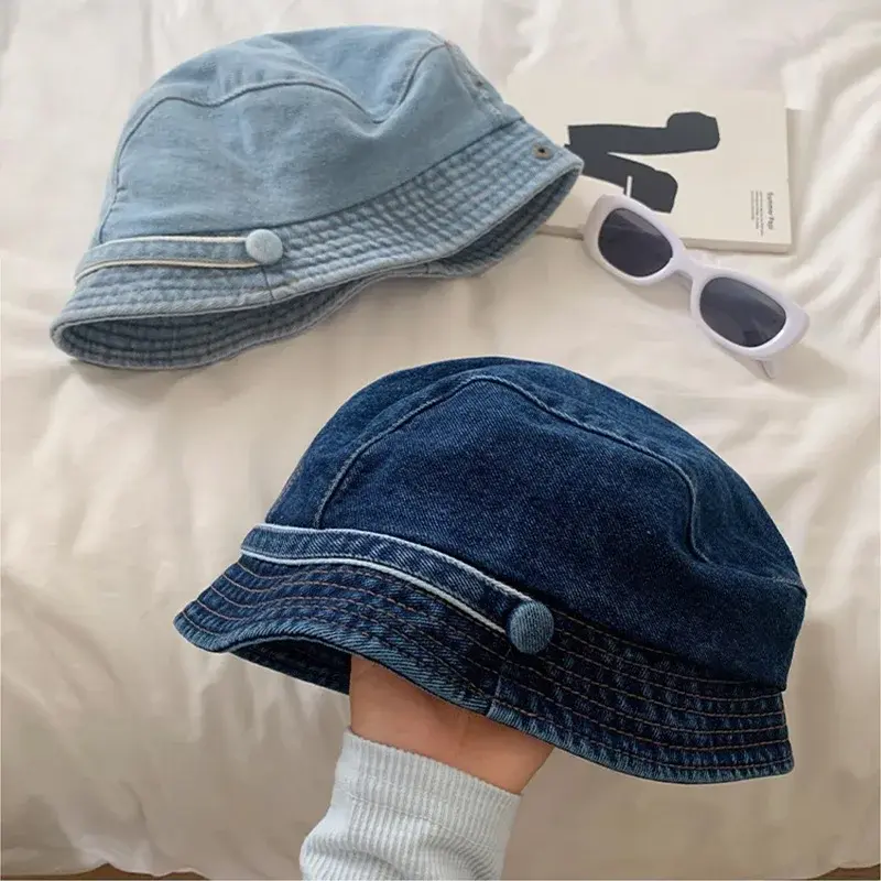 Retro Denim Pile Hats for Women Simple Solid Color Baggy Cowboy Caps Outdoor Travel Large Brim Girl Sunshade Bucket Hats
