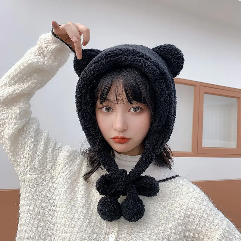 Winter Polar Fleece Hat Women Cute Cartoon Bear Ear Protection Cap Female Solid Color Thicken Plush Earflap Bonnet Hats