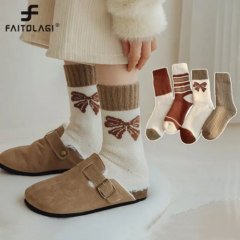 Winter Thick Terry Socks for Women Fashion Stripe Bow Warm Middle Tube Socks Japanese Girl Home Sleeping Plush Socks