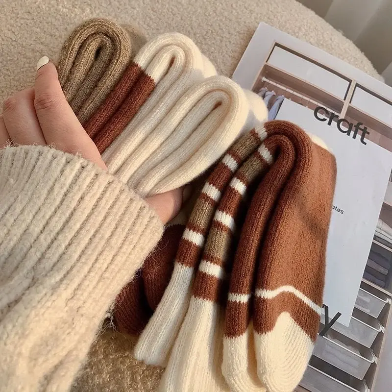 Winter Thick Terry Socks for Women Fashion Stripe Bow Warm Middle Tube Socks Japanese Girl Home Sleeping Plush Socks